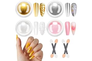 BISHENGYF Polvere Unghie Effetto Perla - 4Pcs Effetto Specchio Argento Oro Metallizzato Polvere Unghie, Bianco Perla Glitter Per Unghie Kit Di Polvere Iridescente Rosa Sirena, Decor Per Nail Art ongle