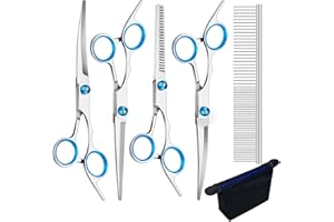 LEIKEDUN 6-Piece Professional Dog Grooming Scissors Set - Curved, Round Tip, Stainless Steel, Pet Hair Trimming Scissors with Storage Bag