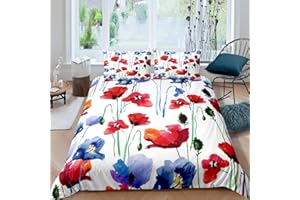 TBRAND set di biancheria da letto con motivo floreale ad acquerello e papavero rosso, set di biancheria da letto per bambine e donne, con copripiumino colorato e motivo floreale, 3 pezzi, super king