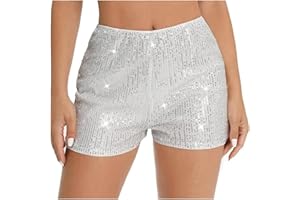 SAMHENG Short à Paillettes pour Femme, Taille Haute, élastique, Jambe Droite, Brillant, Short Sexy Paillettes Scintillantes pour fête, Concert, Pantalon Chaud décontracté Ample en Forme de pour Tenue de Club