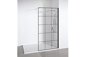 BELLOBATH Mampara de ducha frontal panel fijo - Decorado industrial - Cristal templado 8 mm Antical - Perfilería Negra Mate - Ancho adaptable 88-90 cm - Alto 195 cm