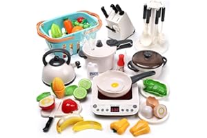 Cute Stone Juguete de Cocina con Olla a Presión de Vapor, Placa de Inducción, Utensilios, Cubiertos, Comida para Cortar y Cesta de Compras, Juguete Educativo para Niños y Niñas