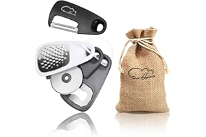 ESIE HOUZIE 5 Pieces Kitchen Gadgets Set - Space Saving Kitchen Accessories Cheese Chocolate Grater, Fruit Vegetable Peeler, Bottle Opener, Pizza Cutter, Burlap Bags with Drawstring Gift Set……