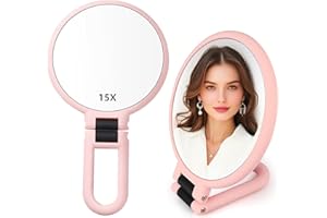 Stianiiie 1X 15X Espejo de Mano con asa para Viajes, Espejo de Aumento,Mango Ajustable de rotación,Plegable de Doble Cara,Espejo de Mujer, maquillarse para afeitarse en la Mesa de Viaje
