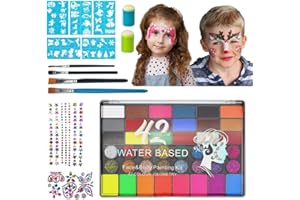 Kebuye Truccabimbi Kit - 42 Colori Trucchi per Viso Bambini Face Paint - Body Painting Pittura con 50 Stampini e 4 Pennelli - Trucco Halloween Carnevale Natale Pasquale