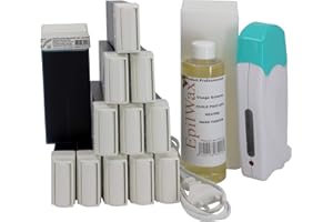 Epilwax Kit Depilacion Calentador de Cera Roll On Tibia Fundidor Electrico Profesional Easy Wax Depilación con Bandas : con 12 Cartuchos roll-on de Cera Azuleno de 100 ml, 1 Paquete de 100 Bandas Depilatorias y una botella de 250 ml de aceite post- Depilacion (Modelo Solo 12 azuleno)