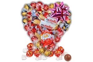 Cœur de Chocolats avec Chocolats Lindt, Kinder Joy, barres Nutella et Kinder Shochobons. Cadeau de luxe idéal pour les anniversaires. [IAMI]