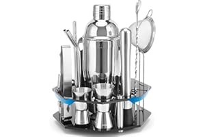 GIENXIAS 21-teiliges Cocktail-Set | Cocktail Shaker Set mit drehbarem Ständer | Shaker aus langlebigem Edelstahl mit Zubehör | inklusive schwarzer stilvoller Geschenkbox | Bar Set（Silber）