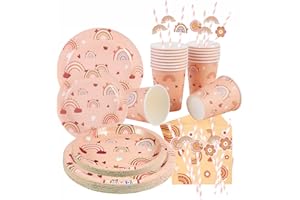 SUNBEAUTY Anniversaire Decoration Fille Arc-en-Ciel Bohème Deco Set d'Assiettes Jetables Thème Arc-en-Ciel Boho Assiettes, Gobelets en Papier, Pailles, Serviettes de Table pour 16 Personnes