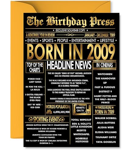 Stuff4 Biglietto di auguri per 16° compleanno per ragazze e ragazzi, con giornale Born In 2009, Happy 16 Birthday Card per figlia, figlio, cugino, vintage, retro nel 2009, 12,7 x 17,8 cm