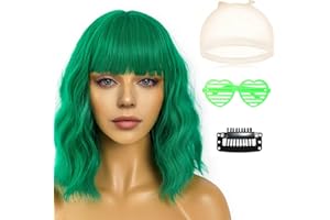 GMHLLES Green Wigs for Women, Short Dark Green Wig for Women, Natural Wavy Curly Wig with Bangs, Heat Resistant Fiber for Daily Use or Cosplay Party