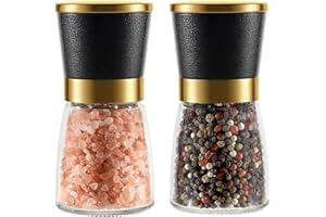 VEVOUK Juego de 2 Molinillos de Sal y Pimienta Estilo Mármol, Cuerpos de Vidrio, Núcleo de Cerámica, Diseño Elegante y Sofisticado Color Negro y Dorado, Recargable Para el Hogar o Regalo