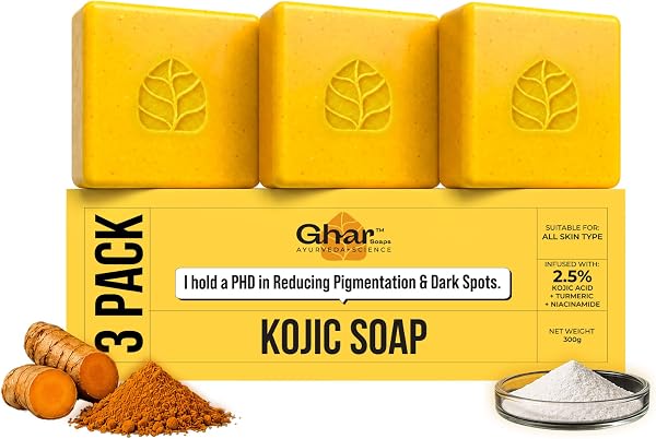 Ghar Soaps Kojic Acid Soap | For pigmentation and dark spots reduction | With 2.5% Kojic Acid + Turmeric Extract + Niacinamide| For all skin types (100g x 3 Pac