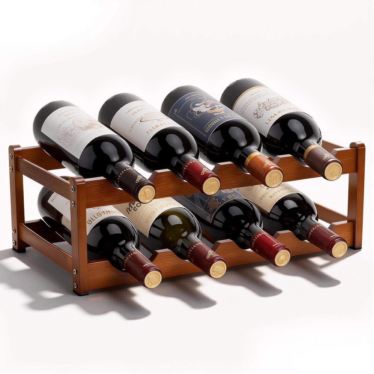 Fentar Botellero Vino para 8 Botellas, Botellero Apilable de 2 Niveles, Botelleros Madera Estable, Botelleros Madera Estrechos para Cocina Bar Cellar (43 x 23,5 x 15cm)
