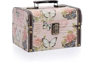 SUMNACON Wooden + PU Leather Storage Box Jewelry Chest, Decorative Trinket Box Keepsakes Chest with Handle, Treasure Box Organizer for Gift (Butterfly)
