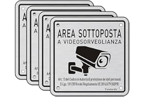 YUNTARDA Cartello Area Videosorvegliata Alluminio con Avviso GDPR, 4 Pezzi 10x10cm Cartello Videosorveglianza con Adesivo e Fori Preforati, Cartello Telecamera Metallo per Casa e Negozio, Interno ed Esterno