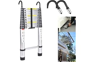 DICN Escalera telescópica Plegable Aluminio de 5 m con 2 Ganchos, Portátil Escalera multifunción, Escalera de Transporte Multifunción, Escalera Extensible, 13 Niveles, Capacidad de Carga 150 kg/330lbs