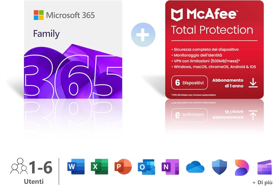 Microsoft 365 Family | 12 mesi | 6 persone | Fino a 6 TB di spazio di archiviazione Onedrive | App Office con AI+ McAfee Tota