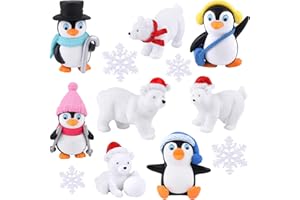 FEPITO 12 Unids Resina de Invierno Pingüino Oso Polar Copos de Nieve Miniatura Figura de Juguete Mini Figuras de Navidad para DIY Jardín Decoración para el hogar Adornos de Navidad