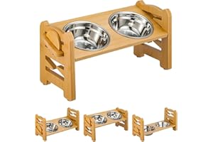 JF HOME BLISS 6-Level Adjustable Bamboo Dog Bowl Stand with 2 Stainless Steel Bowls, 15° Tilted Elevated Feeding Station for Small Medium Dogs Cats - Foldable Pet Food Dish Holder