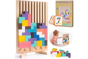 HLAYSHING Wooden Stacking Puzzle Toy,3D Wooden Stacking Puzzles Toy,Game with 10 Cards,Interactive Board Game Geometric Builiding Toys,Stress Relief Colourful Intelligence for Kids and Adults