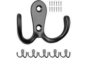 YOUR DAY MATE Ganchos para atornillar, 6 piezas, en negro, exterior 54 x 40 x 15 mm, ganchos dobles incl. tornillos para madera, ganchos para puertas, baño, cocina, pasillo, ganchos de metal para bricolaje