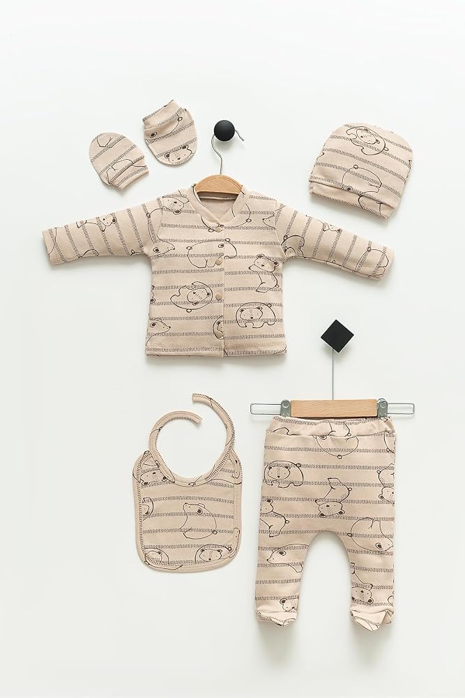 NEU KIDS Erkek Bebek Hastane Çıkış Seti, %100 Pamuklu, 5'li Set, Kahverengi Ayıcık Desen