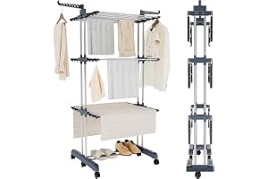 Séchoir à linge à 4 niveaux amélioré, séchoir à linge pliable d'intérieur avec 18 m d'espace de séchage, cintre à linge avec 6 roulettes, grand séchoir à linge pliable à plat pour un rangement facile