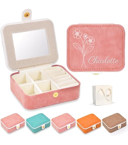 FIDWALL Boîte à Bijoux Personnalisée, Boîte Bijoux Voyage Avec Miroir, Boîte à Bijoux Fille, Rangement Portable Pour Bagues, Boucles D'oreilles, Colliers, Cadeau Femme, Anniversaire, Occasions