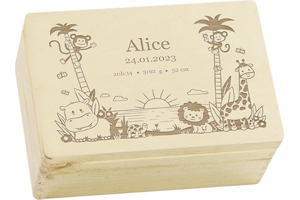 LAUBLUST Boîte à souvenirs bébé personnalisée - Cadeau de naissance avec prénom | Jungle, tailles S, M, L, XL - Boîte à souvenirs pour filles & garçons | Boîte en bois naturel ou blanc, FSC®