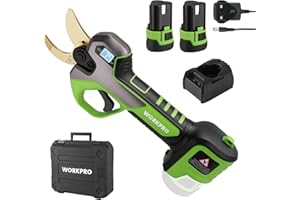 WORKPRO 12V Cordless Electric Pruning Shears | Heavy Duty 2PCS 2.0Ah Li-ion Battery Secateurs with SK5 Blades|Switchable 2 Cutting Ranges, Max Cutting 25mm Shears | with LCD Screen, Can Count