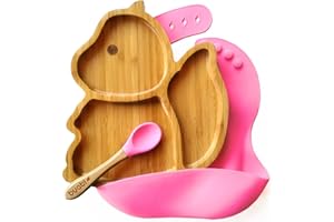 Buabi Vajilla de Bambú y silicona (ARDILLA). Set 3 piezas: Plato, Cuchara y Babero. Con ventosa antideslizante en la base. Bambú natural y silicona grado alimentario, Ecológico sin BPA (Rosa)