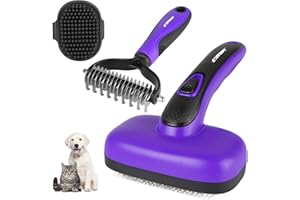 COZYGIFT 3PCS Dog Brush Kit for Dogs, Cats & Small Animals. Self-Cleaning Slicker Brush for Short & Long Hair, Haired Breeds, Dual-Sided Undercoat Rake, Bath Tool. Safe Steel Pins, Ideal for Most Pets. Purple