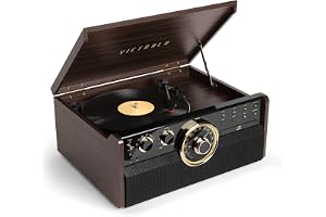 Victrola The Empire Mid-Century 6-i-1 skivspelare & multimedia-center med inbyggda högtalare – 3 hastigheter, Bluetooth, radi