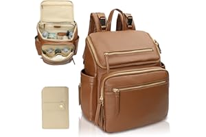 MISS FONG Baby Wickelrucksack Wickeltasche, Leder Wickelrucksack Groß Babytaschen Rucksack Lässig mit Multifunktions, 19 Wickeltasche Organizer, Wickelunterlage, Wickeltasch Kinderwagen Haken-Braun