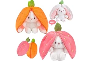 Niaetuto 2 peluche coniglio, coniglio, carota, fragole, 25 cm, peluche a doppio lato, con cerniera, coniglio, peluche