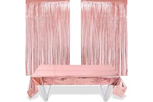O-Kinee 2 Pezzi Tende Metalliche Tinsel Foil Tenda a Frangia Metallica Rosegold e 1m * 2,7m Oro Rosa Tovaglia, per Festa di Compleanno Singola Natale Halloween Baby Shower Matrimonio