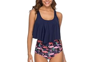 Voqeen Mujer Bikini con Cuello Halter Acolchado y Volante Acanalado de Cintura Alta y Traje de baño