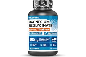 Magnesiumbisglycinat 2250 mg, 240 kapslar med vitamin B6, högdostillskott för minskning av trötthet och utmattning, muskelstöd, nervsystem och energi, gluten- och GMO-fri