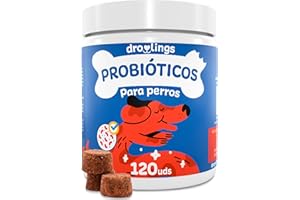 Droolings Probioticos Perros 120 Uds - (2 Billones CFU + 8 Cepas) - 100% Natural con Prebioticos Post y Enzimas para Diarrea y Flora Intestinal