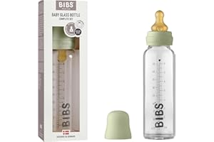 BIBS Baby Glass Bottle. Anti-Colic. Round Natural Rubber Latex Teat. Supports Natural Breastfeeding, Complete Set - 225 ml, Sage