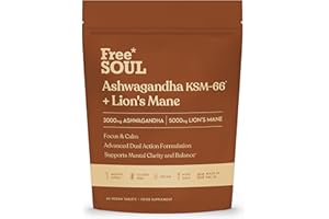 Ashwagandha KSM-66® + Lions Mane Complex | 5000mg Lions Mane + 2500mg Ashwagandha High Strength Tablets| Added Zinc + Vitamin B6 | Vegan UK Made| Free Soul