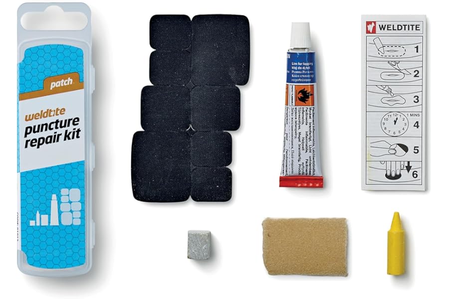 WELDTITE Puncture Repair Kit for Bike Tyre Inner Tubes - Comprehensive & Easy to Use - Includes 8 Rubber Patches, 5 g Solution, Sandpaper, Chalk & Crayon