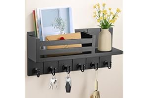 JF HOME BLISS Key Holder for Wall with 6 Hooks & Mail Shelf Rustic Wooden Key Rack Wall Mounted Entryway Organizer for Keys Mail Sunglasses for Hallway Kitchen Office Bedroom (Black)