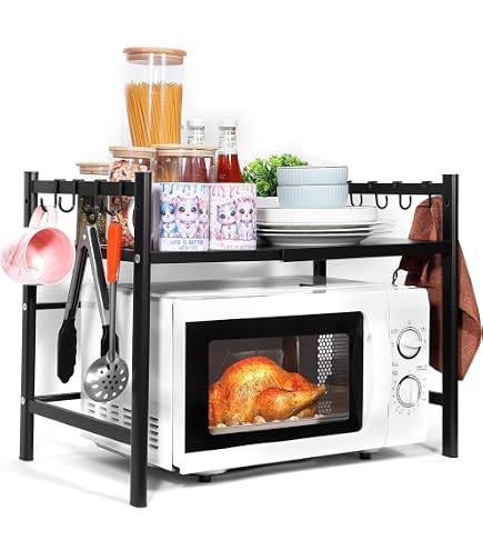 Support Étagère Micro-ondes Extensible 2 Niveaux - Meuble Cuisine Hauteur Réglable Blanc Avec Crochets