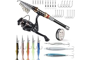 Alwonder Telescopic Spinning Rod and Reel Combo Sea Saltwater Fishing Rod Set up Kit with Sea Fishing Jig Spoon Lures, Travel Angling Gear Equipment