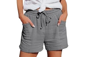 NUOKE Shorts Damen 2025 Sommer Leinen Musselin Kurze Hose Beach Mit Taschen Mode Lässige Stoffhose Freizeit Stretch Gerades Bein Kordelzug Leinenhose
