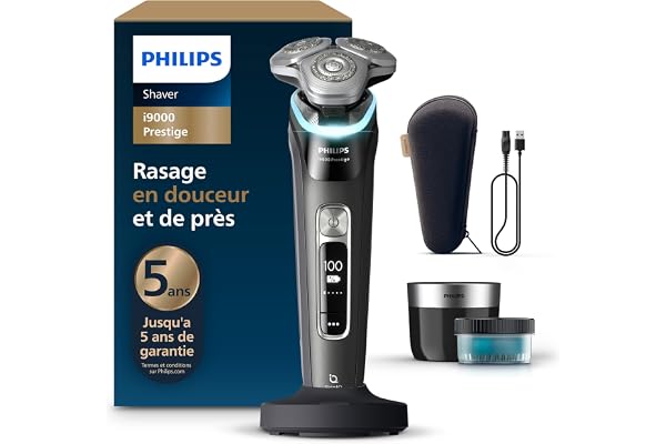 Philips Rasoir i9000 Prestige, Rasoir électrique sec et humide, Avec technologie Skin IQ, Système Triple Lift & Cut, Lames Dual SteelPrecision rotatives à 360°, Pod à nettoyage rapide, XP9207/30