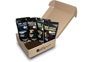 Quality Roasters Coffees. Café en grano Natural. 100% Arábica. Cuatro orígenes: Colombia, Brasil, Honduras y Uganda. Tueste medio. 4x250 gr