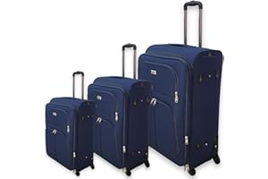 VALIGERIA.SHOP Set 3 Valigie ORMI espandibile Valigia semirigide in tessuto poliestere 4 ruote piroettanti trolley piccolo adatto bagaglio a mano per cabina con compagnie lowcost (Blu)